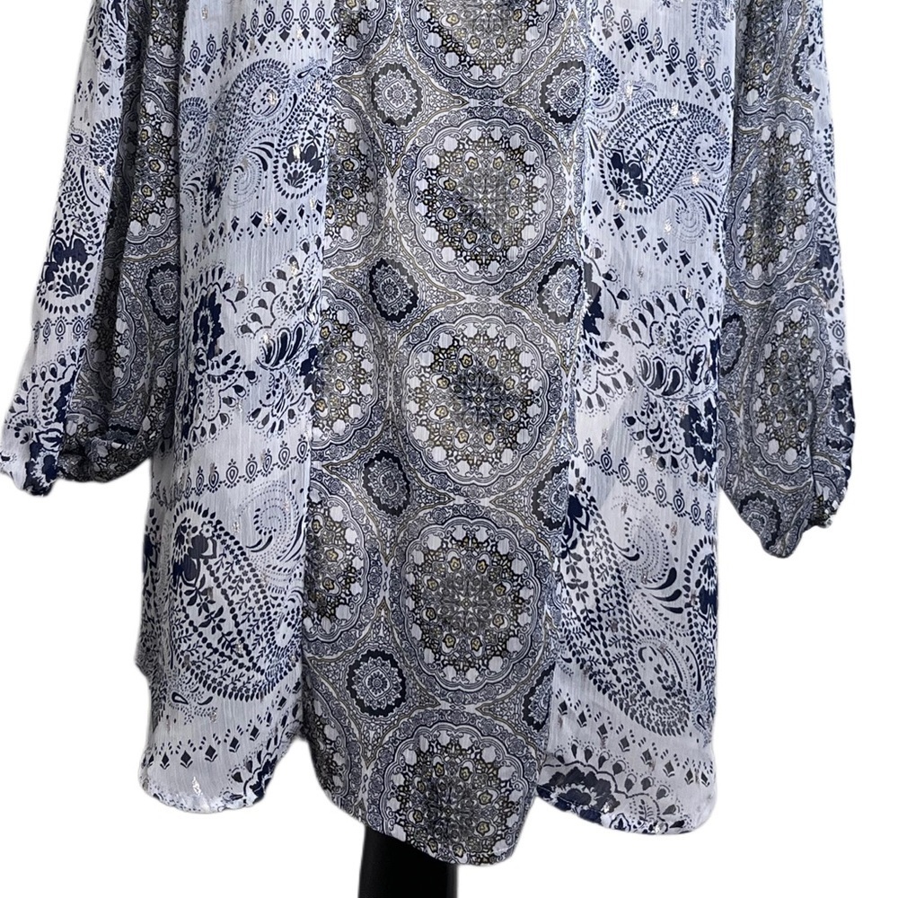 Fig and Flower Sz L Paisley Print 3/4 Sleeve Boho Blouse - Picture 6 of 10